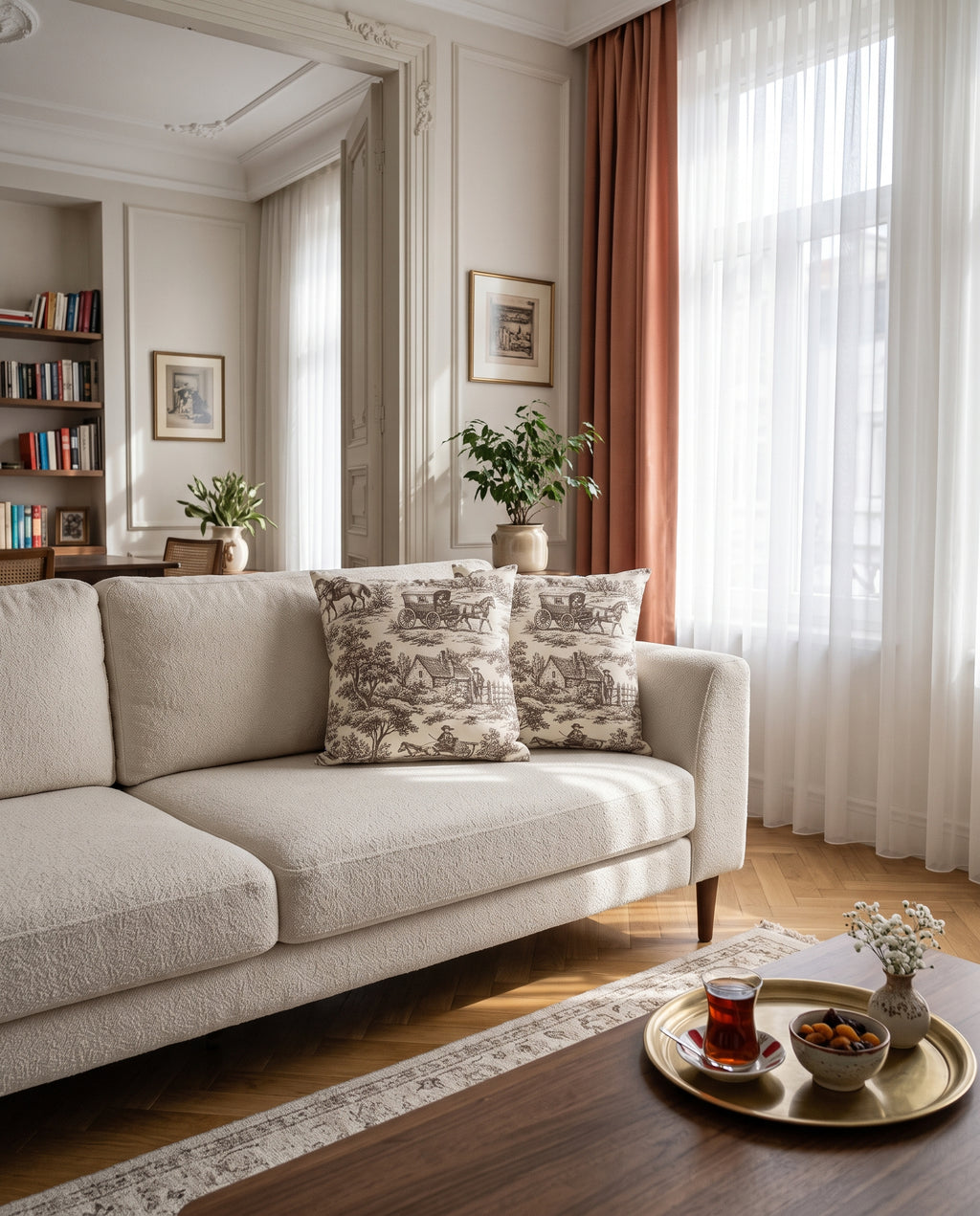 Toile de Jouy 2'li Kırlent Kılıfı Fransız Köylü Desenli