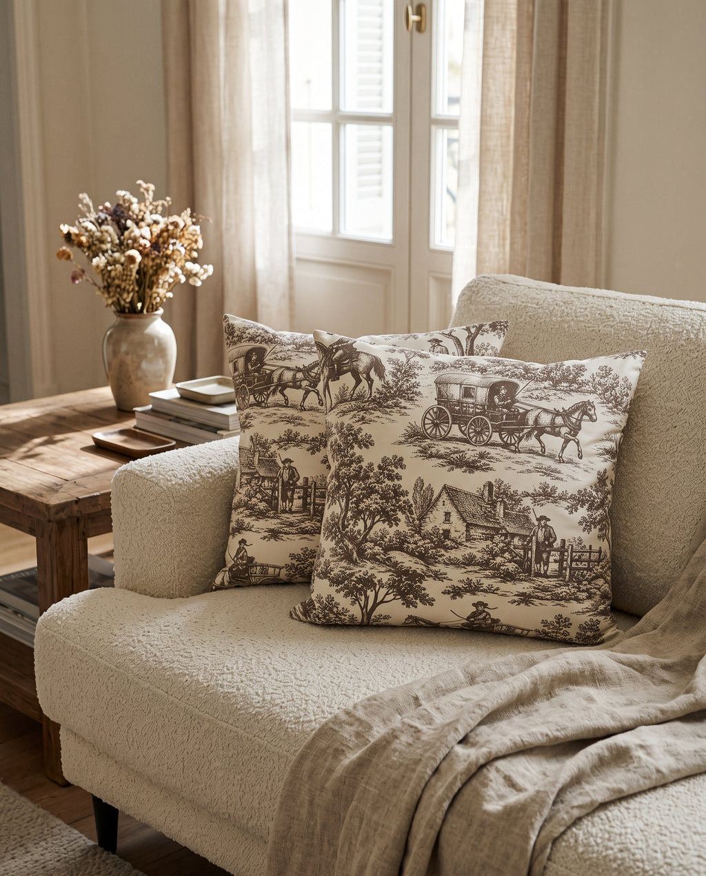 Toile de Jouy 2'li Kırlent Kılıfı Fransız Köylü Desenli