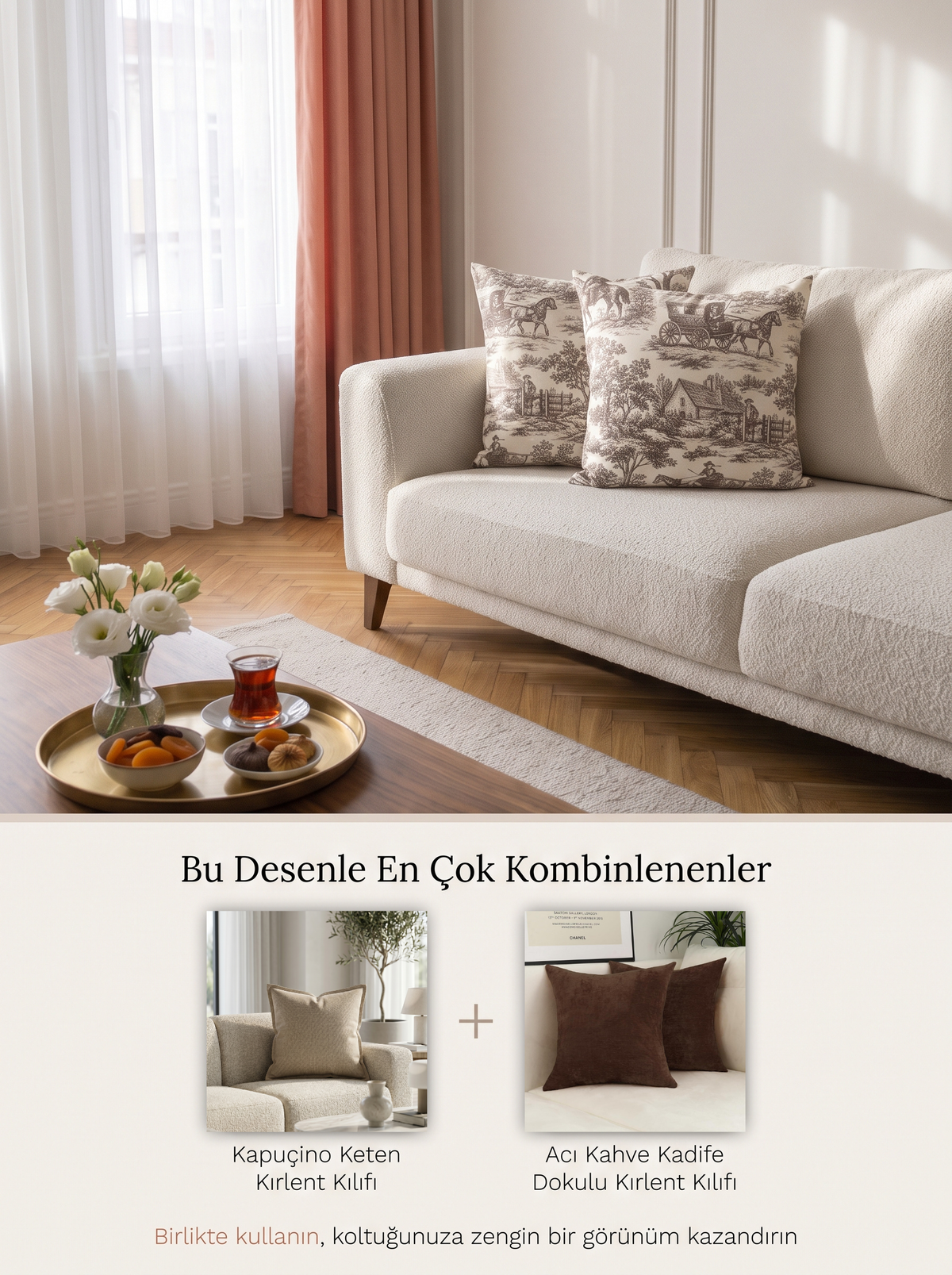 Toile de Jouy 2'li Kırlent Kılıfı Fransız Köylü Desenli